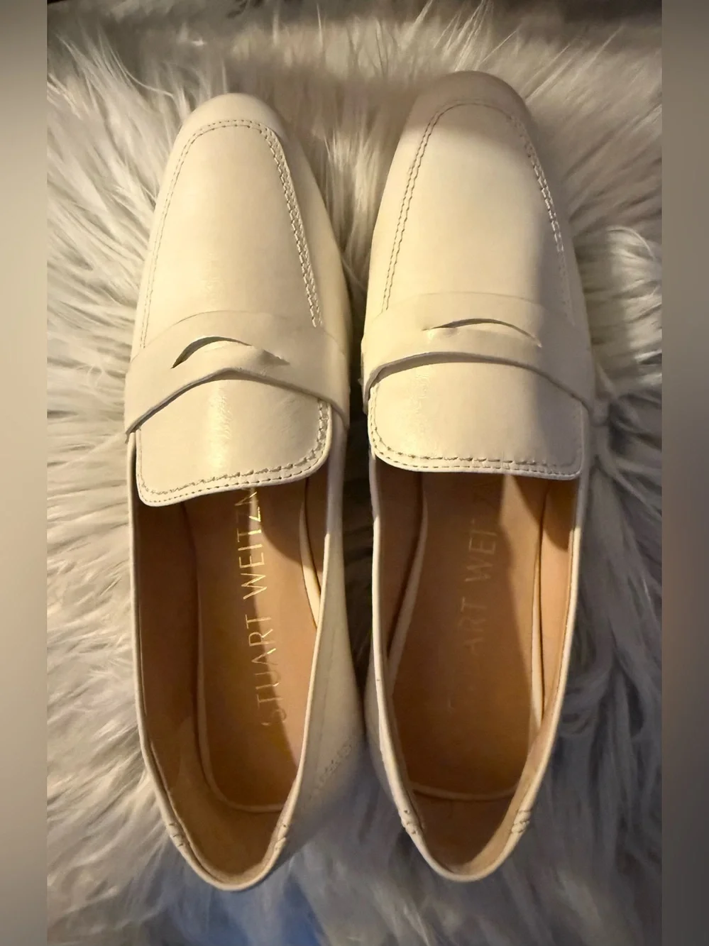 Stuart Weitzman Jet Loafers Cream Calves Leather Almond Toe Penny Loafers. NWOT